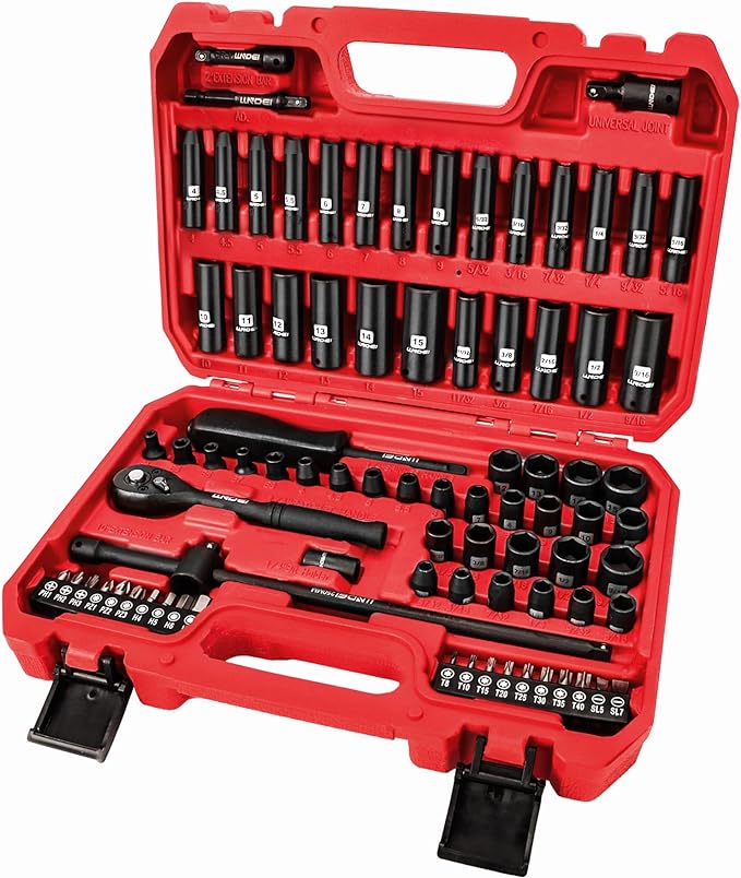 LLNDEI 1/4 inch Drive Impact Socket Set 83 Piece,Standard SAE(5/32-9/16 inch) Metric Size(4-15mm),72T Ratchet Wrench Handle,CR-V Mechanics Tool Set with Adapter,Screwdriver Bits for Automotive Repair