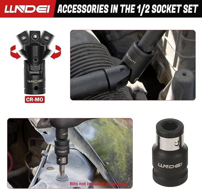 LLNDEI 1/2 inch Drive Deep Impact Socket Set, 37 Piece Standard SAE 3/8" to 1-1/4" | Metric 8 to 24mm, Includes Spark Plug Socket (16, 21mm), CR-MO Universal Joint, Extension Bars and Adapter