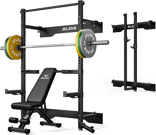 Folding Squat Rack, Wall Mounted Power Rack for Home Gym, Space Saving Multi-Functional Power Cage with Attachments