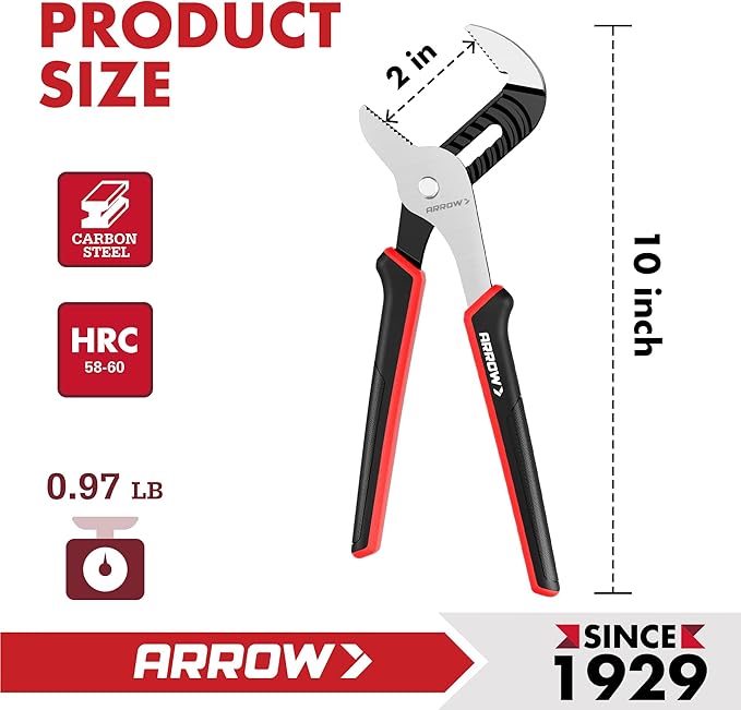 ARROW 10-Inch Groove Joint Pliers, Adjustable Water Pump Pliers with TPR Handle, High Carbon Steel Tongue and Groove Plier for Plumbing, Automotive and Household Repairs