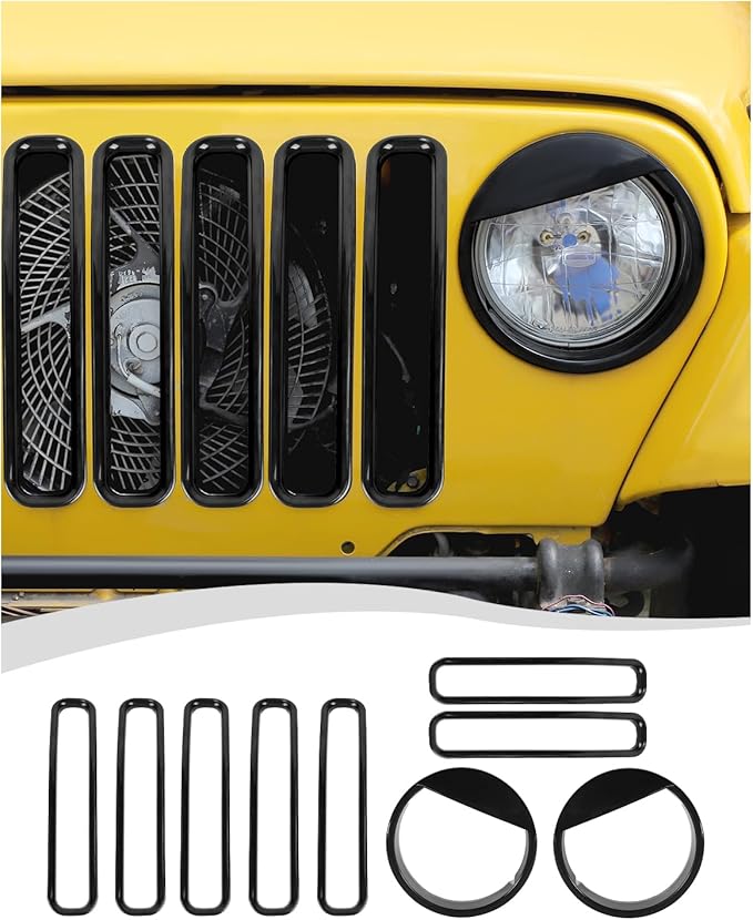 Hoolcar Grill Inserts Front Grille Mesh Cover Guard + Angry Eyes Front Headlight Trim Cover Frame for Jeep Wrangler TJ 1997-2006 Exterior Accessories, NO Mesh