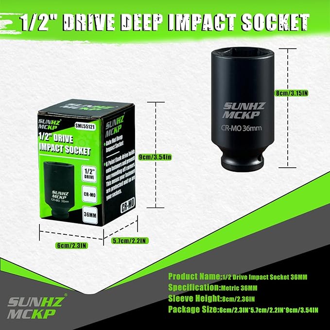 SUNHZMCKP 36mm Socket | 1/2” Drive Deep Impact Socket | 6 Point |CR-MO | Spindle & Axle Nut Impact Grade Socket for Easy Removal (METRIC 36 mm)