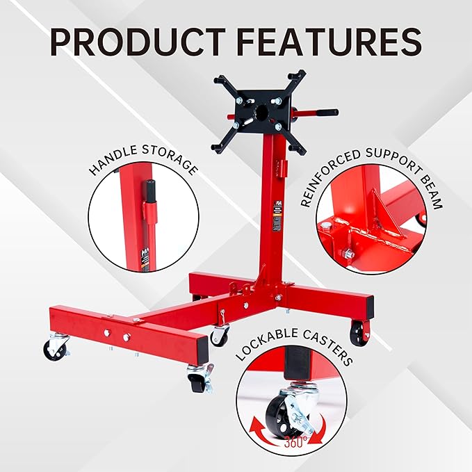 1500 lbs Cast Iron Heavy-Duty Foldable Engine Motor Stand for Vehicle Maintenance and Auto Repair with 360° Rotating Head, 4 Adjustable Arms and 5 Casters