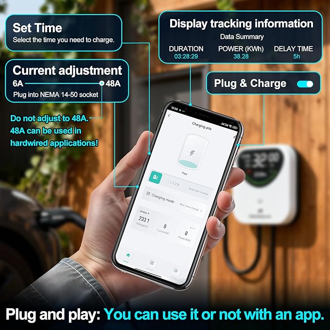 Fast Level 2 EV Charger 48 Amp(WiFi APP),25ft Cable ETL Certified,240V NEMA 14-50p Plug,Swipe to Start,Wall EV Charger Level 2 for Home/ J1772 Connector,Electric Vehicle Charging Stations