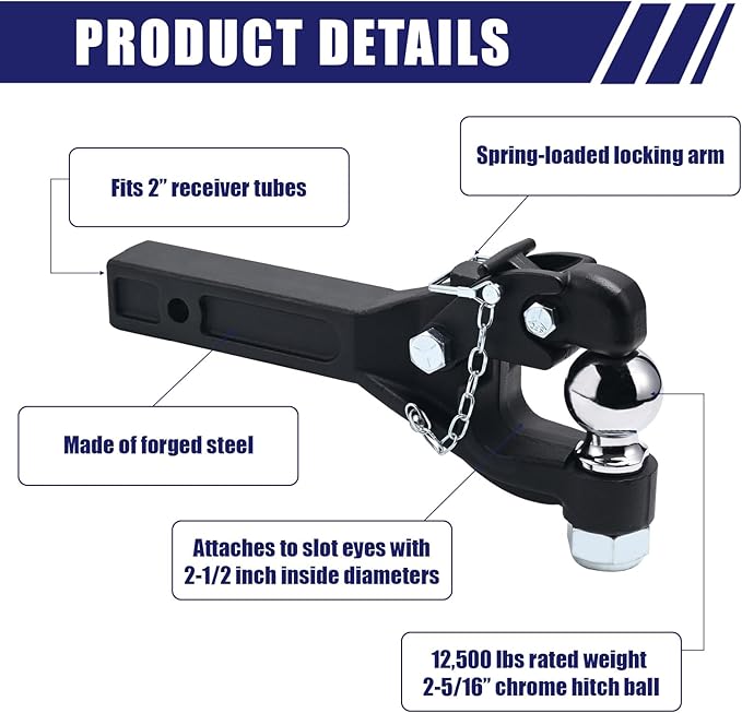 Jextra Pintle Hitch 15 ton with 2-5/16 Inch Hitch Ball Suitable for 2 Inch Pintle Hitch Receiver and Hitch Receiver Pin Lock Black Powder Coat 33000LB