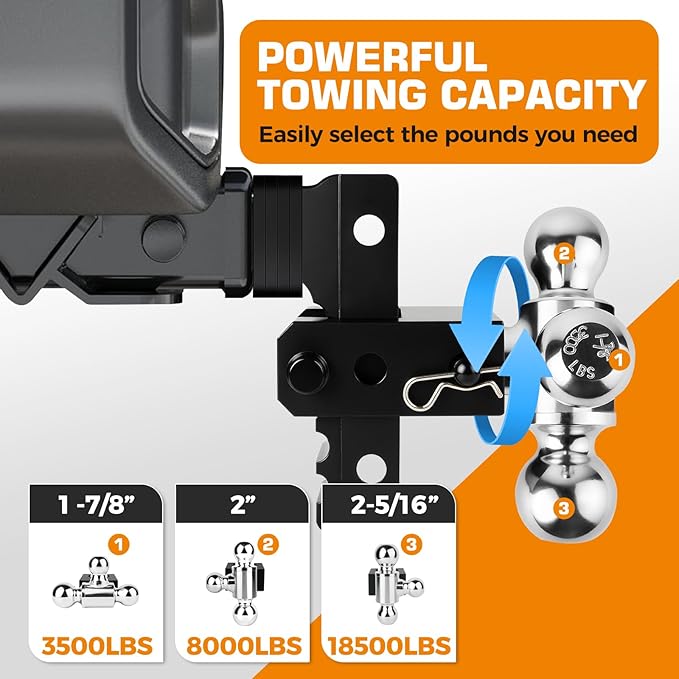 Kingfun Adjustable Trailer Hitch - Drop Hitch 2.5 Inch Receiver, 6 Inch Drop/Rise Tow Hitch, Tri Ball (1-7/8" & 2" & 2-5/16" Balls), 18500 Lbs Gtw, Aluminum Heavy Duty Hitch with Anti-Theft Pins