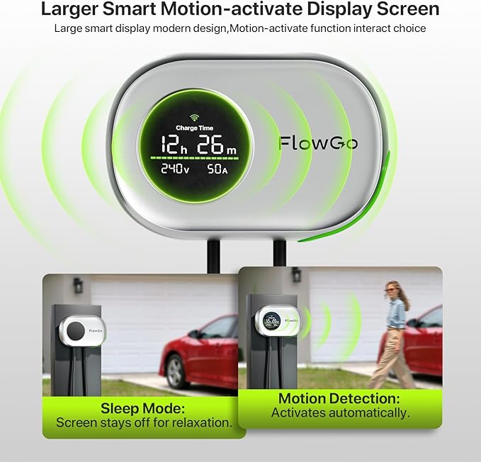 Level 2 Charger for Tesla 50A Smart Home Charger NACS 240V Tesla Charger 50 Apms Large Motion-Activate Display Screen One-Piece Housing Metal Case 25 FT Cable NEMA 14-50 Plug