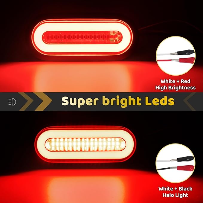 2Pcs 6" inch Clear Lens Oval Red 52 LEDs Trailer Boat Halo Brake Stop Running Turn Signal Tail Lights【Patented】 w/Rubber Grommet, Sealed Submersible IP67 for Truck/RV/Van, DC 12V