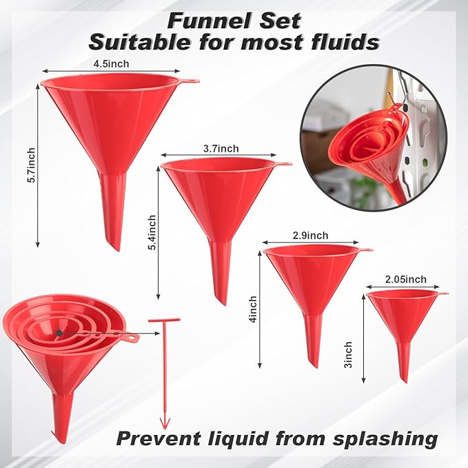 8 Pcs Automotive Oil Funnel Set Include 4 Wide Mouth Flexible Funnel with Handle 2 Plastic Large Funnels Adjustable Oil Filter Wrenches Drain Pan for Cars and Motorcycles