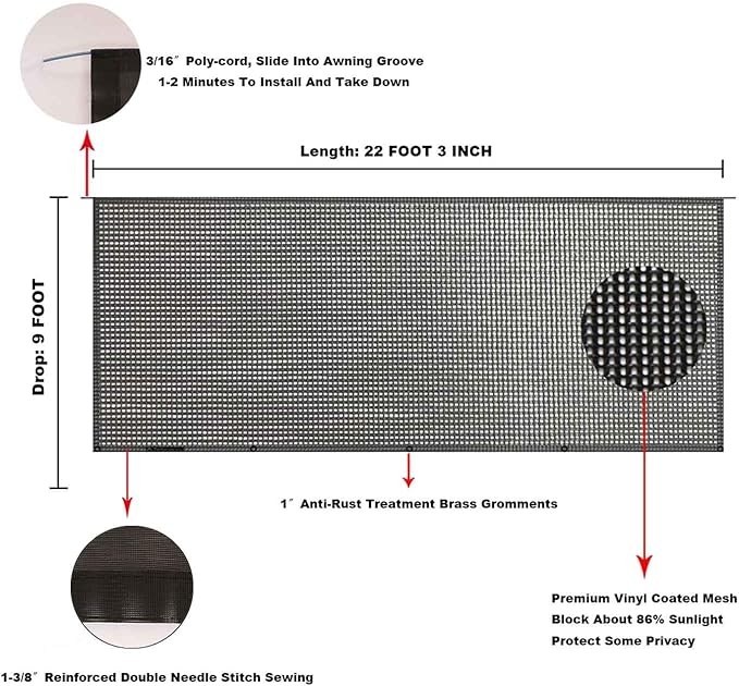 Tentproinc RV Awning Sun Shade Screen 9' X 22' 3'' (Fit for 23' Awning) Mesh Sunshade UV Blocker Shadescreen Motorhome Camping Trailer Awning Sunscreen - 3 Year Warranty (Black)