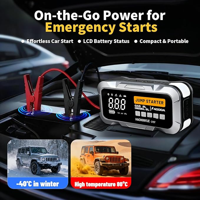 4000A Car Jump Starter with Air Compressor, 12000mAh&150PSI Portable Car Battery Jump Starter, 12V Jump Box Battery Pack (8L Gas 6L Diesel Engine) with Boost, LEDLight and Jumper Cables