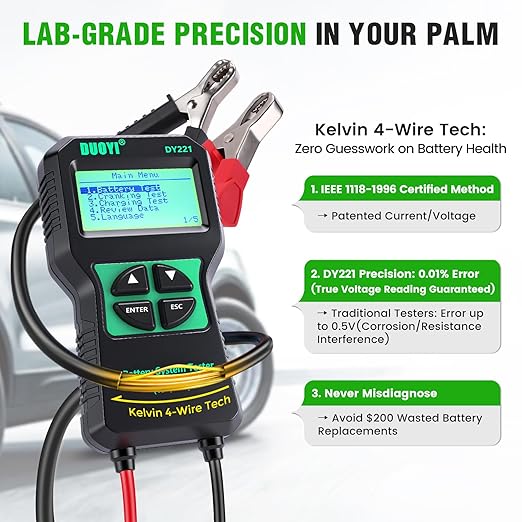 DUOYI DY221 Car Battery Tester, 12V 24V Digital Automotive Alternator Meter Diagnostic Tool,100-2000 CCA Load Capacity, Charging & Cranking Analyzer for Cars, Trucks, Motorcycles, Vans, RVs, Boats...