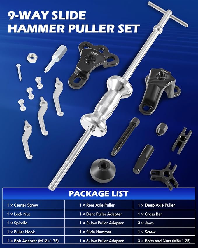 Orion Motor Tech 9-Way Slide Hammer Puller Set, Front Wheel Hub Bearing Remover & Rear Wheel Axle Hub Dent Shaft Puller Tool Kit