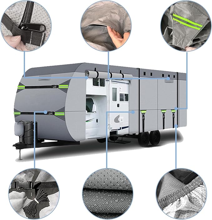 24-27FT RV Cover Upgraded 8 Layers Top Windproof Travel Trailer Camper Cover Cover for 24' to 27' RV, with Tire Cover,Hauler Cover Tongue Jack Extra Long Windproof Ropes