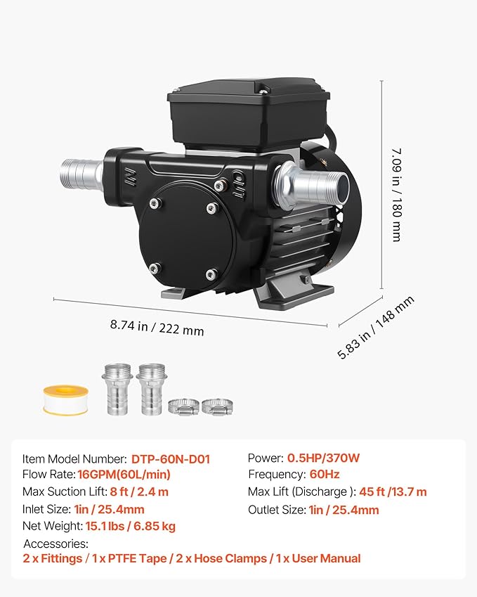 VEVOR Oil Transfer Pump 110V, 16 GPM 60 L/min, AC Electric Fuel Transfer Pump for Diesel Kerosene Biodiesel, 8 ft/2.4 m Max Suction Lift, 45 ft/13.7 m Max Lift, for Vehicles, Construction Sites, Farms