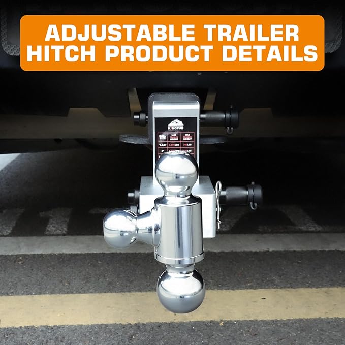 Kingfun Adjustable Trailer Hitch - Fits 2 Inch Receiver, Tri-Ball (1-7/8" X 2" X 2-5/16") 6-Inch Rise/Drop Hitch, 12500 Lbs Gtw Heavy Duty Aluminum Truck Tow Hitch with Anti-Theft Pin (Silver)