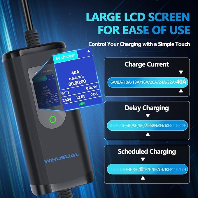 40 amp EV Charger Level 2 & 1 Portable EV Charging Station with 25FT Cable, 240V, NEMA 14-50 Plug with SAE J1772 Fast Charging for Indoor/Outdoor(with Tesla Adapter & NEMA 5-15 Plug)