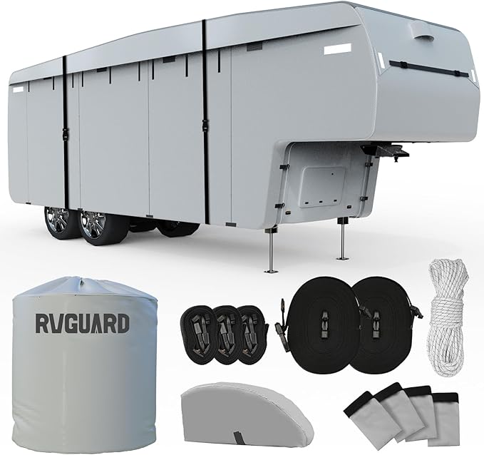 RVGUARD 5th Wheel RV Cover, Camper Cover for 33' - 37' RV, 6 Layers Anti-UV Windproof Waterproof Fifth Wheel Cover, with Storage Bag and Straps, Grey