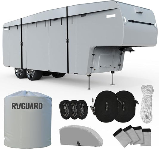 RVGUARD 5th Wheel RV Cover, Camper Cover for 37' - 41' RV, 6 Layers Anti-UV Windproof Waterproof Fifth Wheel Cover, with Storage Bag and Straps, Grey