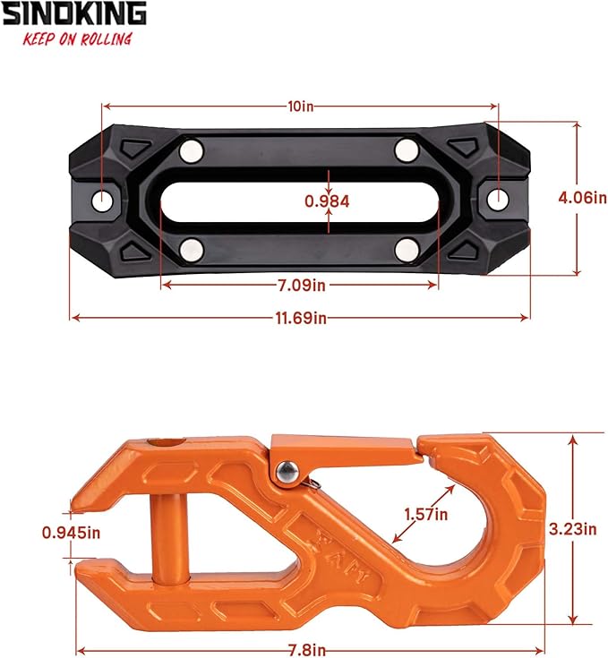 SINOKING Winch Fairlead with Tow Hook, Aluminum Hawse Fairlead with Grade 80 Forged Steel Winch Hook, 45000lb Break Strength Winch Fairlead Hook Set for Off-Road Vehicle Recovery, Black and Orange