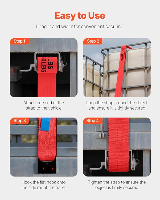 VEVOR Truck Straps, 4" x30' Heavy Duty Tie Down w/Flat Hooks 18,000lbs Break Strength, WLL# 6000lbs, Cargo Straps tie Down for Flatbeds, Trucks, Trailers, Farms, Rescues, Tree Saver, Red(10 Pack)