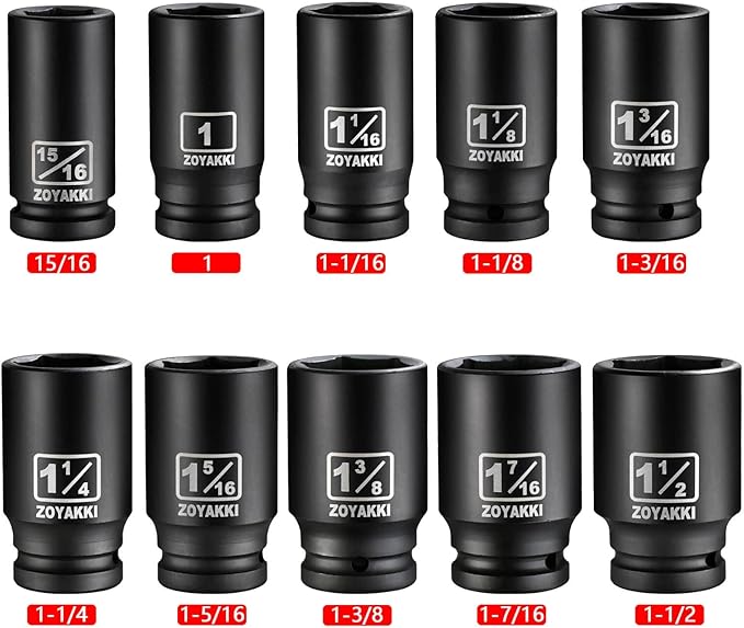 10 PCS 3/4" Drive Impact Lug Nut Socket,Standard SAE Size(15/16" to 1-1/2"),Deep Socket Set CR-MO Material Adapter Setwith Durable Case for lmpact Driver Conversions(Upgraded)