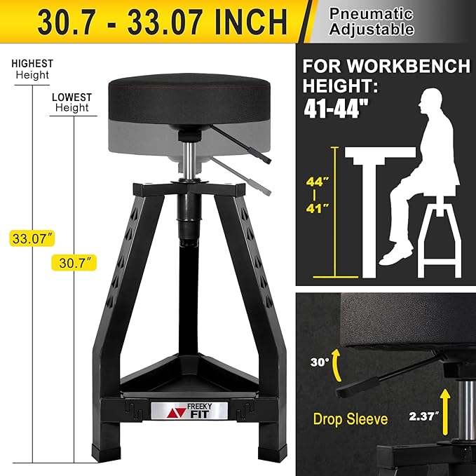 Adjustable Tall Shop Stool, Mechanic Garage Bar Stool Chair, Work Metal Chair for Workshop,360° Swivel Padded Seat, Tool Tray Storage, 350 LBS Capacity, Heavy Duty, Black