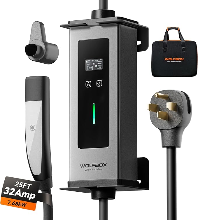 WOLFBOX Level 1&2 Tesla Charger 32A,Portable ev Charger Station with ETL Certified,25FT Cable,NACS,208V-240V,NEMA 14-50R Plug Adapter(PE32T)