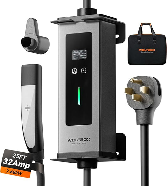 WOLFBOX Level 1&2 Tesla Charger 32A,Portable ev Charger Station with ETL Certified,25FT Cable,NACS,208V-240V,NEMA 14-50R Plug Adapter(PE32T)