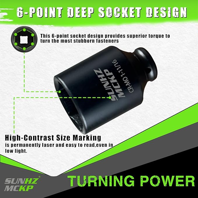 SUNHZMCKP 1/2" Drive Impact Socket, SAE 1-11/16 In Deep 6 Point, CR-MO, Axle Nut Impact Grade for Easy Removal
