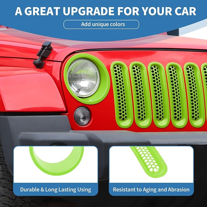 for Jeep JK Front Grille Inserts & Headlight Cover Trim Ring for Jeep Wrangler JK JKU 2007-2017 Green Exterior Accessories 9pcs