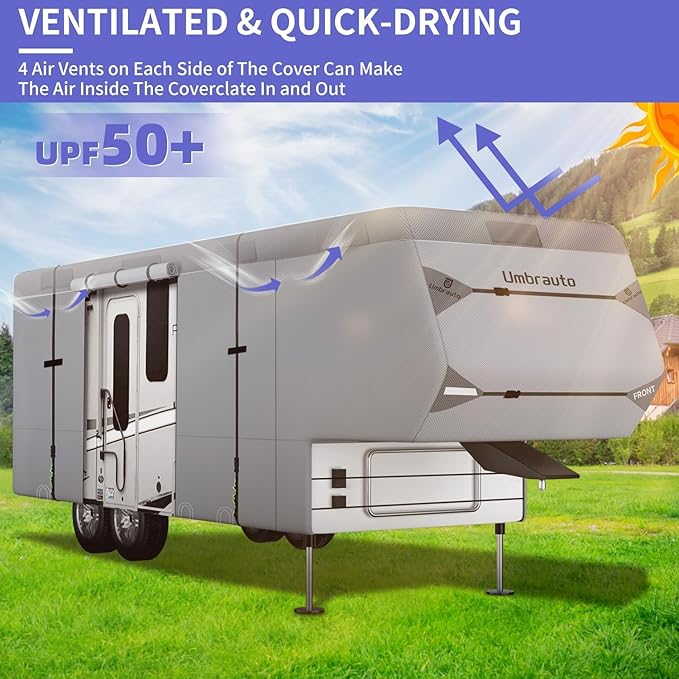 Umbrauto 5th Wheel RV Cover Fits 37' - 40' Travel Trailer Motorhome, Extra-Thick Windproof Camper Cover with 6 Gutter Cover Adhesive Repair Patches, Ladder Cover