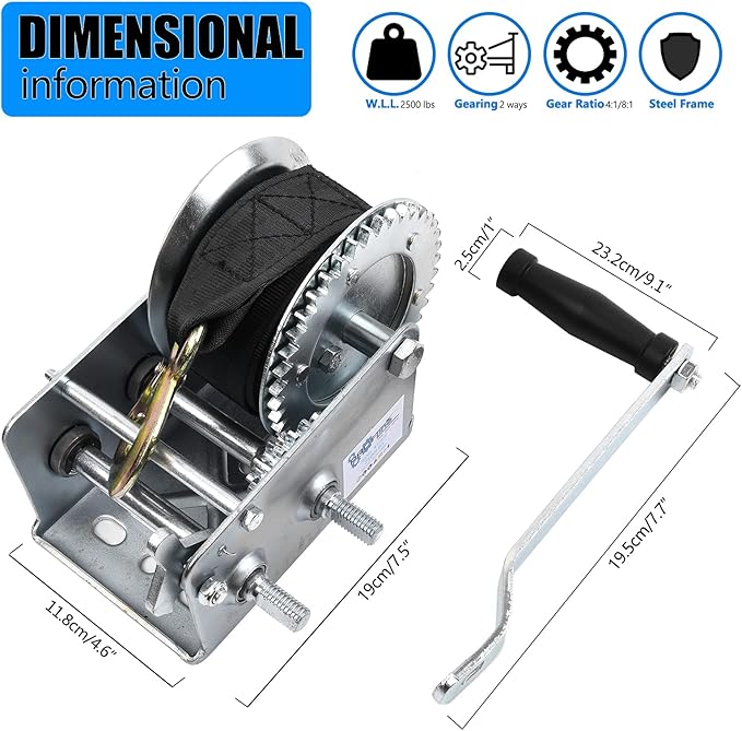 2500lbs Hand Winch Heavy Duty Boat Trailer Winch Two-Way Ratchet Gear Manual Winch Hand Crank Crane Weight Pulling for ATV Truck Towing Rope Winch