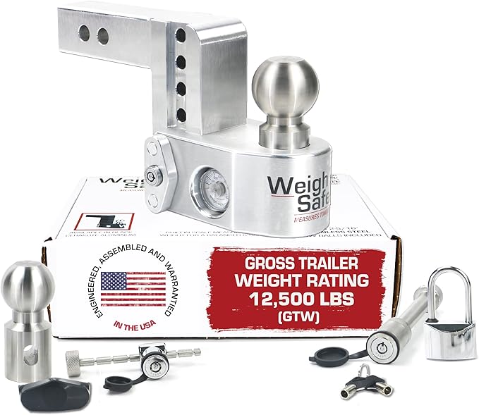 Weigh Safe Aluminum Adjustable Trailer Hitch - Towing Hitch with Built-In Tongue Weight Scale - Compatible with 2" Receivers - 4" Drop, Stainless Steel Tow Balls, 12,500 GTW, 4-Piece Lock Set