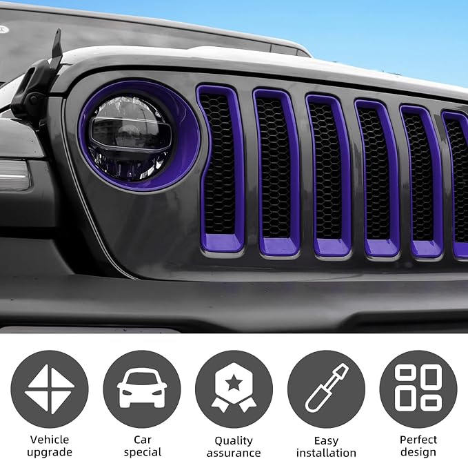 Grille Grill Insert+Headlight Turn Light Cover Compatible with 2018-2023 Jeep Wrangler JL JLU Sport/Sport S Only,Not for Sahara,Rubicon 4xe(Purple)