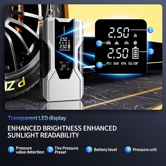 Emergency Portable Jump Starter with Air Compressor - 3000A 150PSI for Cars, Trucks & SUVs up to 9L Gas/7L Diesel, 12000mAh Portable Power Bank, -20°F Cold Start (Silver)