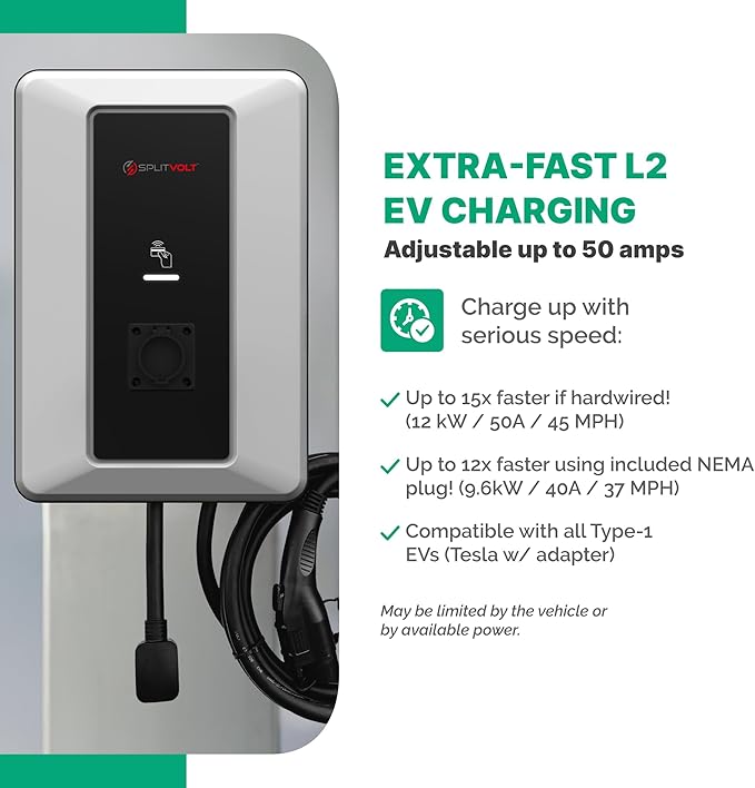 Splitvolt Level 2 EV Charging Station, Indoor/Outdoor 50A (Hardwired) charging/40A (NEMA 14-50), RFID Authentication, US Support, 23ft Cable, J1772