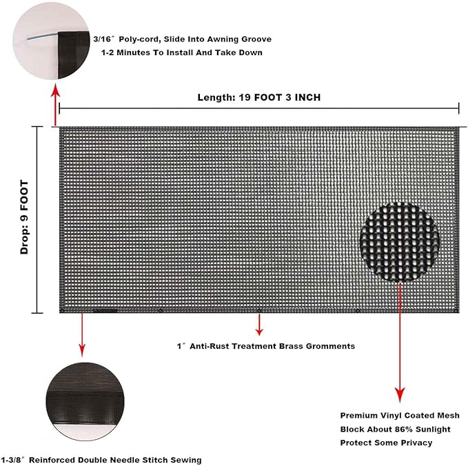 Tentproinc RV Awning Sun Shade Screen 9' X 19' 3'' (Fit for 20' Awning) Mesh Sunshade for RV Awning Sunscreen Motorhome Camping Trailer Awning Shadescreen UV SunBlocker - 3 Year Warranty (Black)