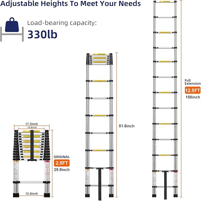 12.5FT Telescoping Ladder- Multi-Purpose Aluminum Extension Ladder Adjustable Compact Ladder for Household, RV, Outdoor, 330lbs Max Capacity