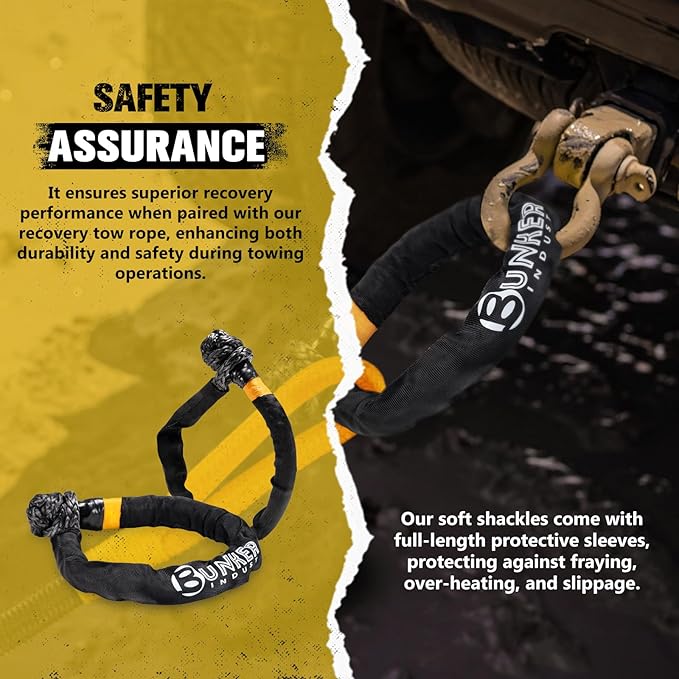BUNKER INDUST 1.25"×30ft Kinetic Recovery Rope with 2 Soft Shackle Kit, 55000lbs Nylon Tow Rope Heavy Duty Snatch Strap Offroad Recovery Kit for 4x4 Jeep Truck ATV UTV SUV