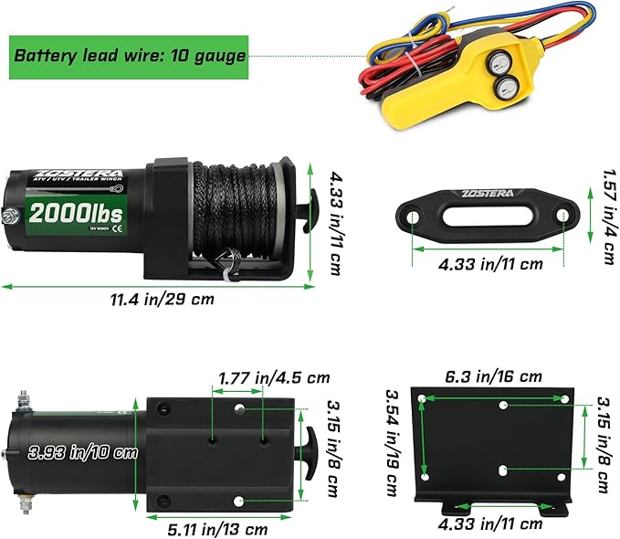 2000lb ATV Winch Electric 12V,with Synthetic Rope, RV Waterproof Towing Winches,with Wired Manual Remote Controller Switch,with Mounting Plate, Fairlead&Hook