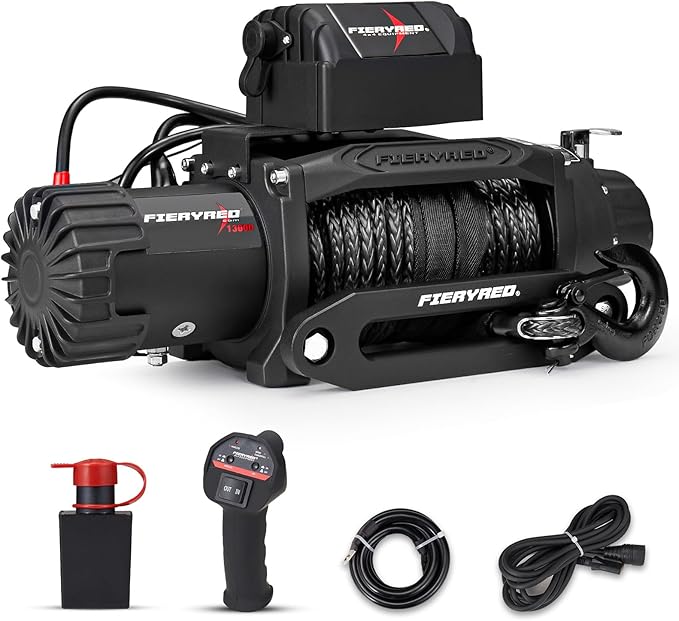 FieryRed 13000 lb Winch, 12V IP67 Waterproof Electric Trailer Winch with Synthetic Rope, 2in1 Wireless Remote Control, Hawse Fairlead for Off Road Vehicle Towing Jeep Truck