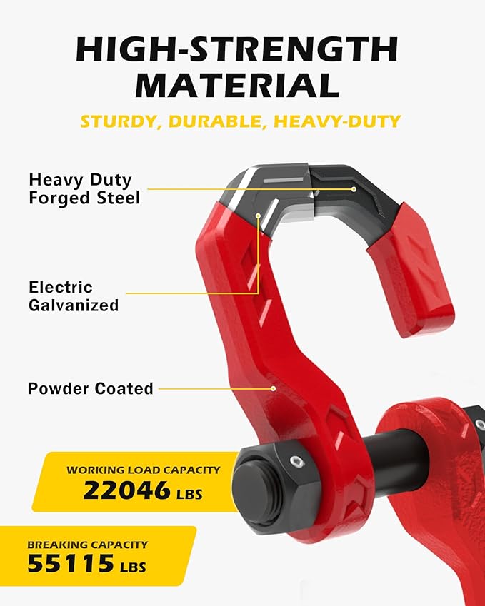3/4" D-Ring Shackles, Heavy Duty Forged Steel Shackles with 7/8" Pin, Easy Open D-Ring Shackles Towing Winch Hooks for Recovery, Trucks, SUV, ATV, UTV, Off-Road Vehicles, Red Red