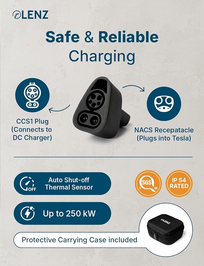 LENZ CCS1 to Tesla EV Adapter – for 2021+ Tesla Models with CCS Enabled ONLY – NOT for Cybertruck or Pre-2021 Teslas, Supports DC Fast Charging up to 250 kW