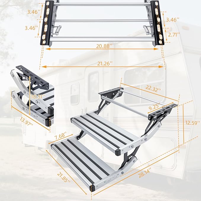 RV Steps, 2-Step, Manual Retractable RV Steps, 400 LBS Load Capacity, Foldable Aluminum Alloy Camper Steps, Thickened Steel Plate Trailer Steps, Non-Slip Design, Ideal for RV, Trailer, Camper