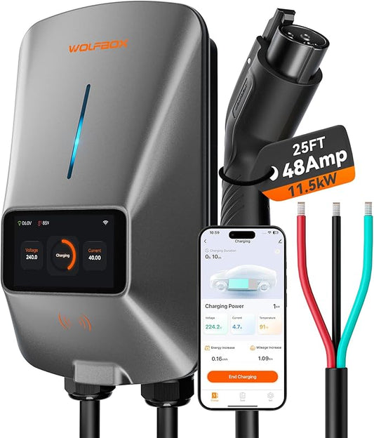 WOLFBOX Level 2 EV Charger 48 Amp - Smart Display, RFID Card, 25ft Cable, Outdoor/Indoor, Hardwired EV Charger Level 2, WiFi Enabled Electric Car Chargeing, 240V Electric Vehicle Charging Stations