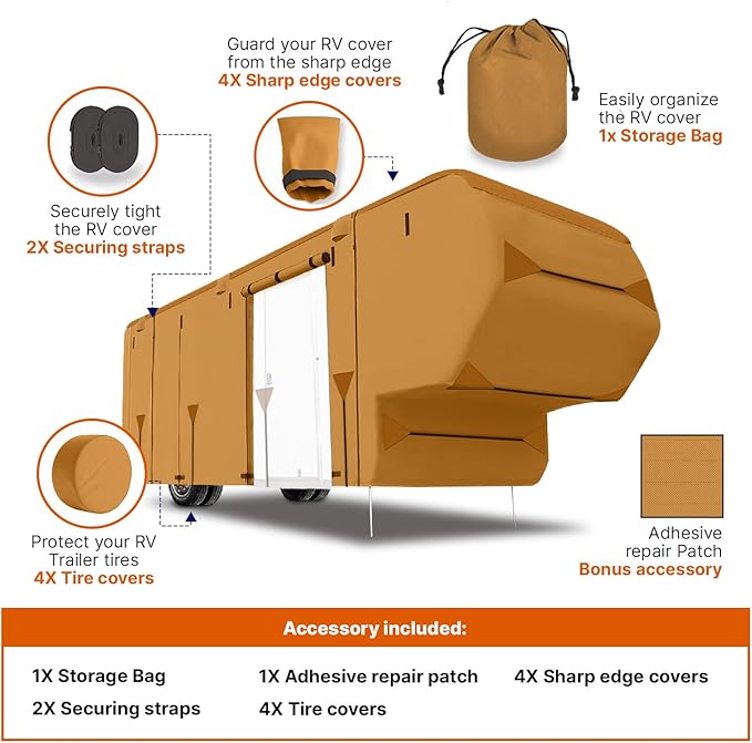 26-29 Ft Fifth Wheel 5th Wheel RV Trailer Cover Package Premium Heavy-Duty Waterproof Windproof Anti-UV Breathable Fabric Including 4 Tire Covers and 4 Sharp Edge Covers 2 Secure Straps