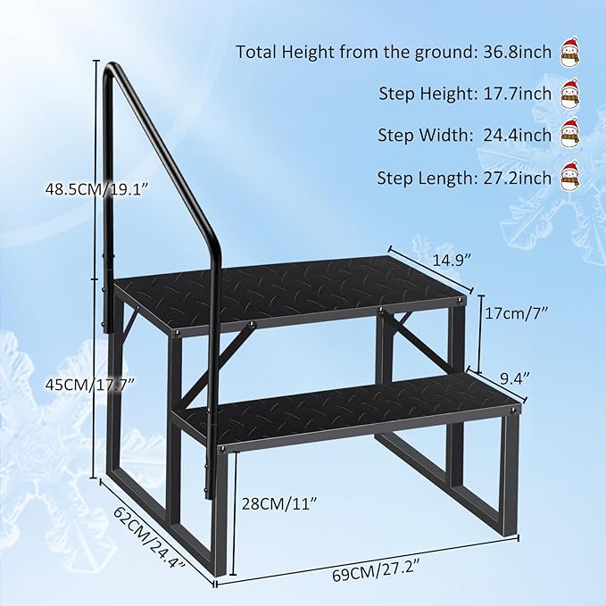 RV Steps with Handrail, 2 Step RV Stairs 660lbs Load Capacity, Heavy Duty Camper Steps with Wide & Anti-Slip Platform, Portable Outdoor Metal Entry Stairs for Hot Tub, Mobile Home, Travel Trailers