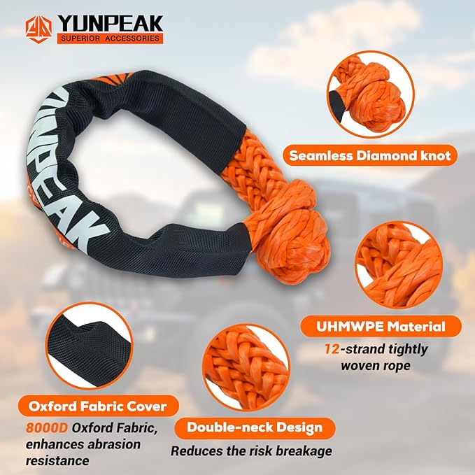 1.26" x 30ft Heavy-Duty Kinetic Recovery Rope – 56,000lbs Break Strength – Includes 2 Ultra-Strong UHMWPE Soft Shackles – Ideal for Trucks, SUVs, Jeeps, UTVs, ATVs & Tractors (Orange)