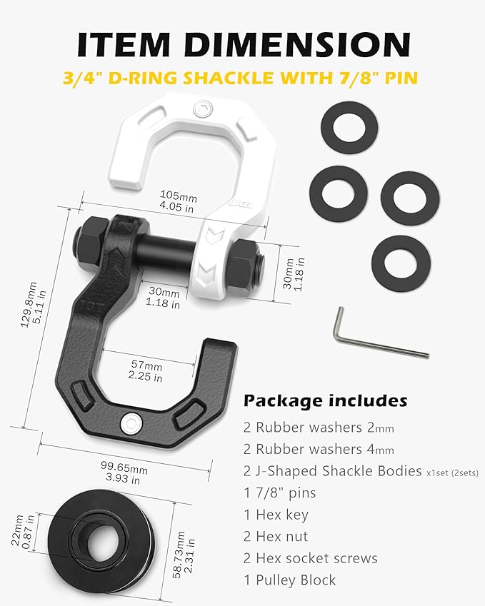 Separate D-Ring Shackle with Pulley Block, Towing Winch Snatch Block & 3/4" Separate D-Ring Shackle 2in1 Set, 57320lbs(26T) Breaking Strength, for Recovery, Blackwhite